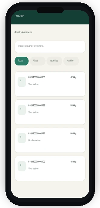 FeedGrow, una app de gestión ganadera: listado de animales con sus pesos.