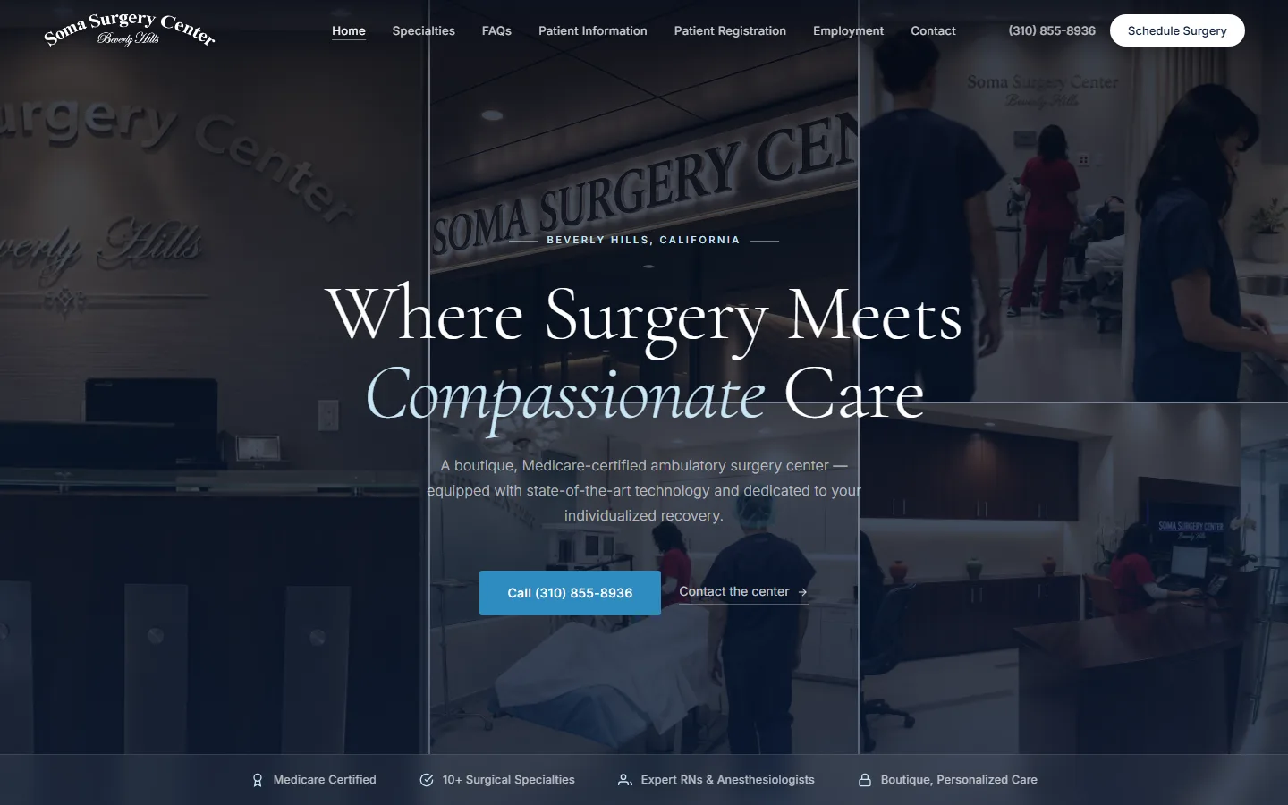 Portada rediseñada de Soma Surgery Center: fotografía sobre fondo oscuro, presentación de la atención quirúrgica y botón para llamar.